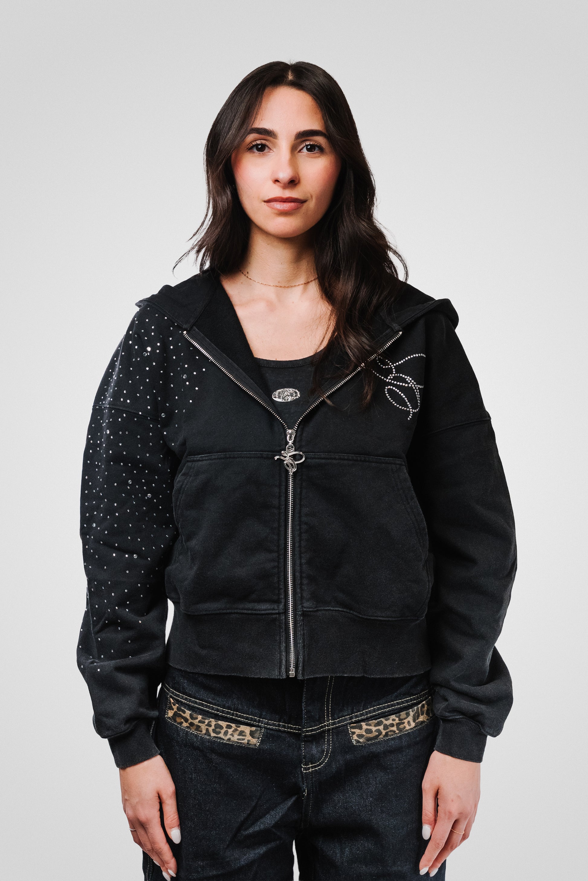 & GLITTER LOGO BOXY BLACK HOODIE