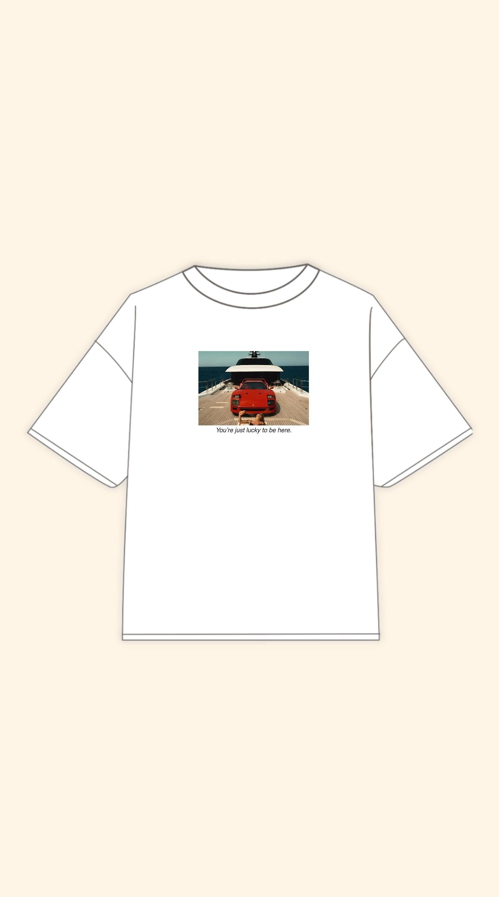 LUCKY TO BE HERE BOXY WHITE TEE